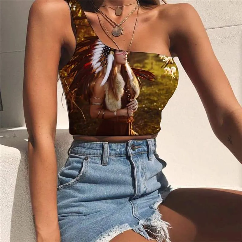 Indios Tank Tops Women Colorful Sleeveless Shirt Landscape One Shoulder Crop